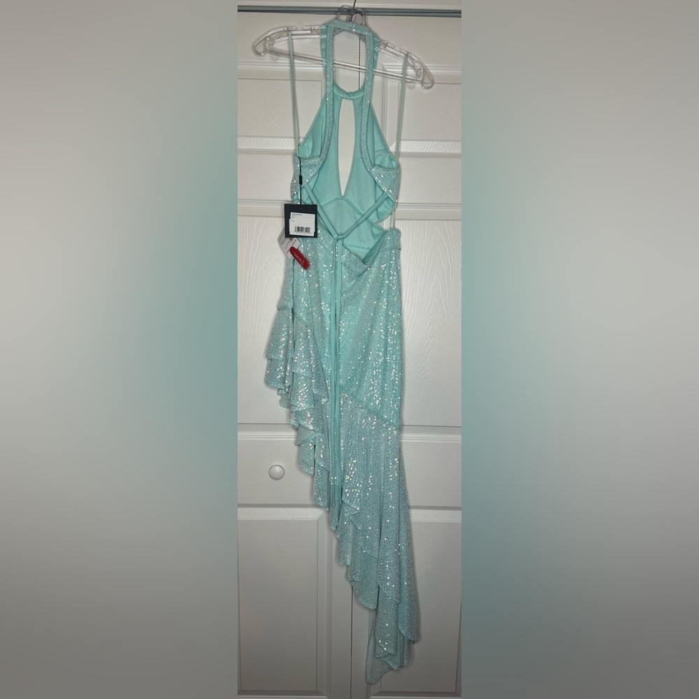 Mac Duggal NWT Blue Sequined Halter Ruffle Asymmetrical Dress Style #A11274 - Picture 12 of 12